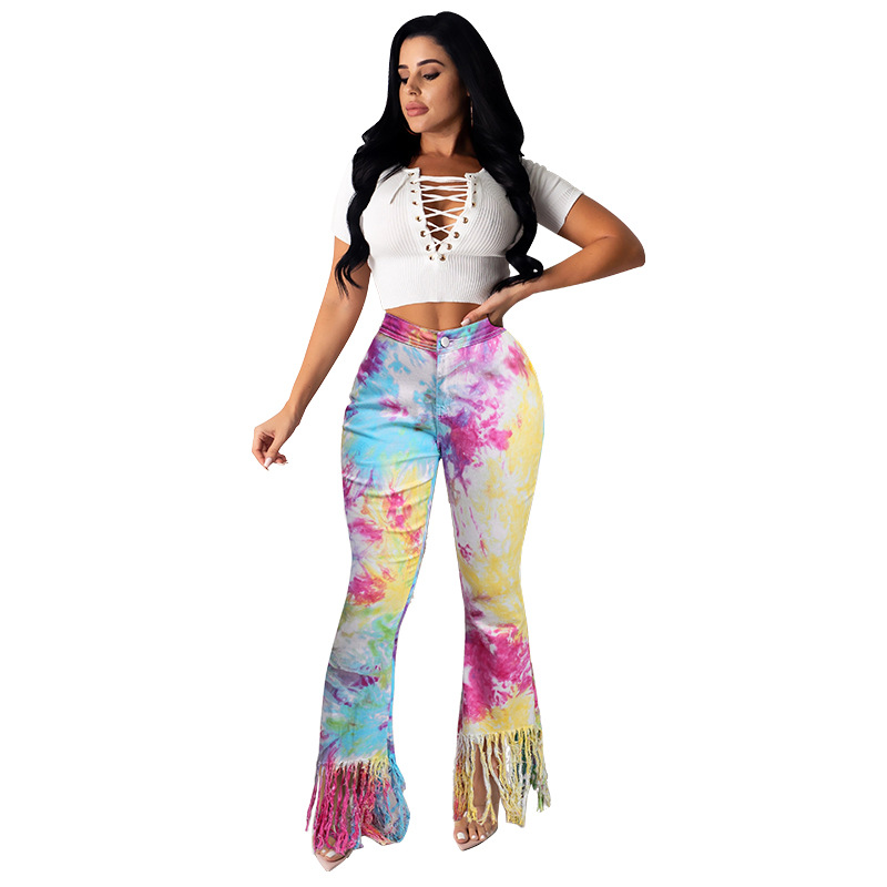 2021 Jeans women's fashion temperament tie dye tassel micro trumpet casual pants