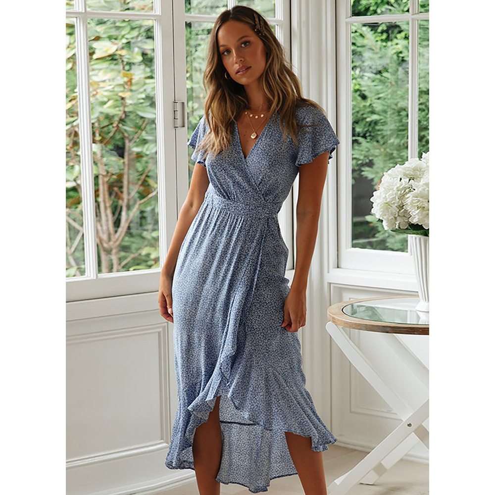 2021 Summer women's small floral high waist V-neck Ruffle Short Sleeve Dress