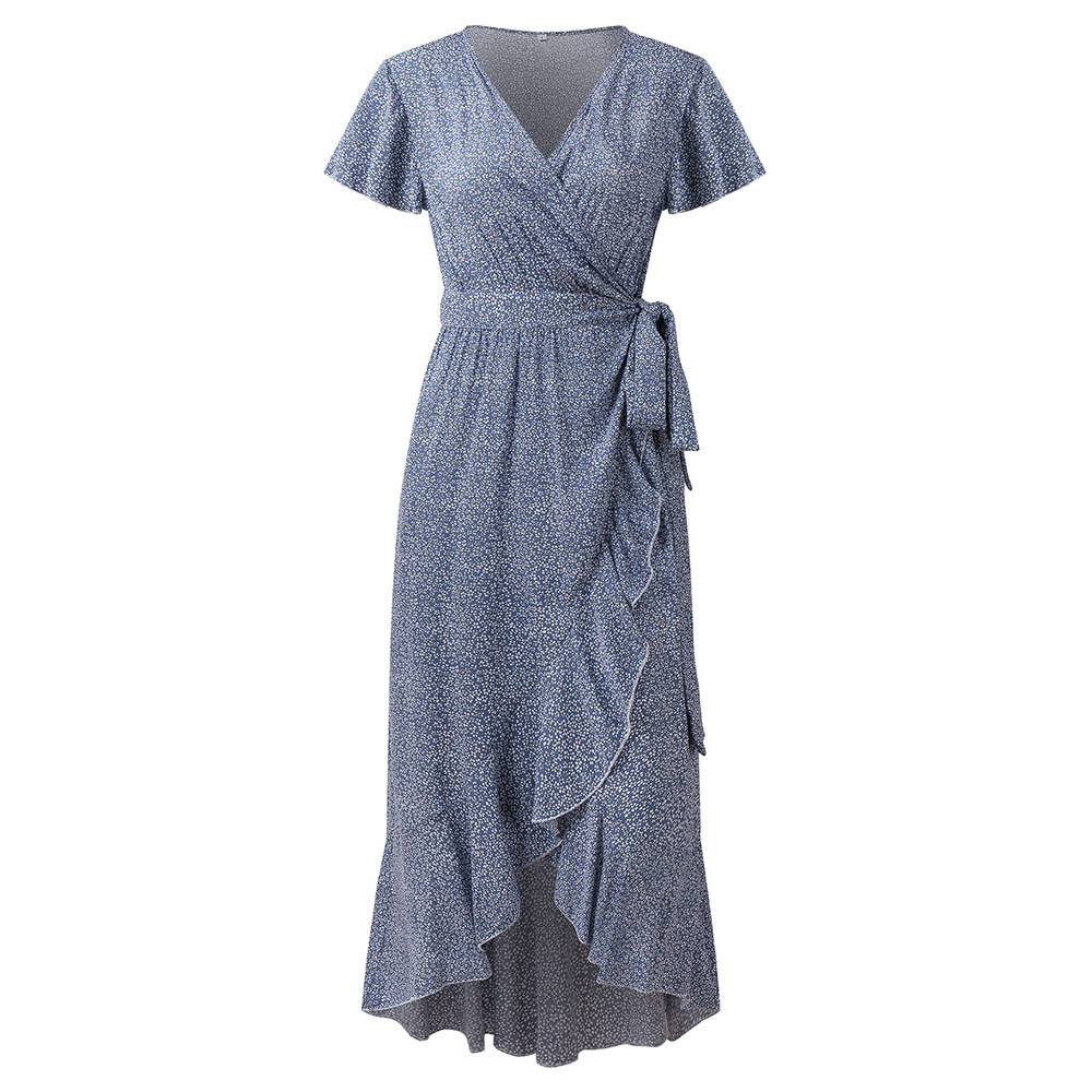 2021 Summer women's small floral high waist V-neck Ruffle Short Sleeve Dress