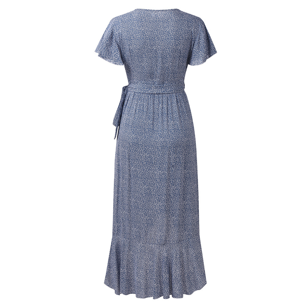 2021 Summer women's small floral high waist V-neck Ruffle Short Sleeve Dress