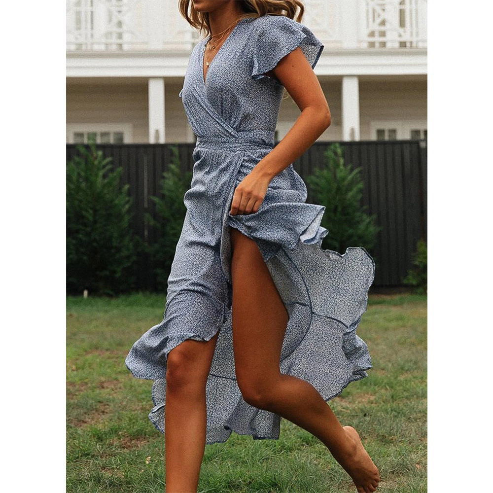 2021 Summer women's small floral high waist V-neck Ruffle Short Sleeve Dress