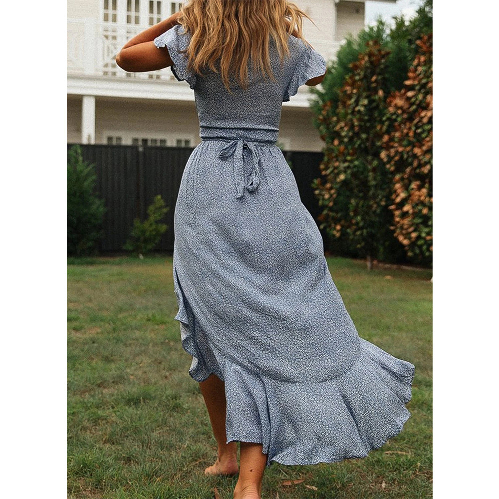 2021 Summer women's small floral high waist V-neck Ruffle Short Sleeve Dress