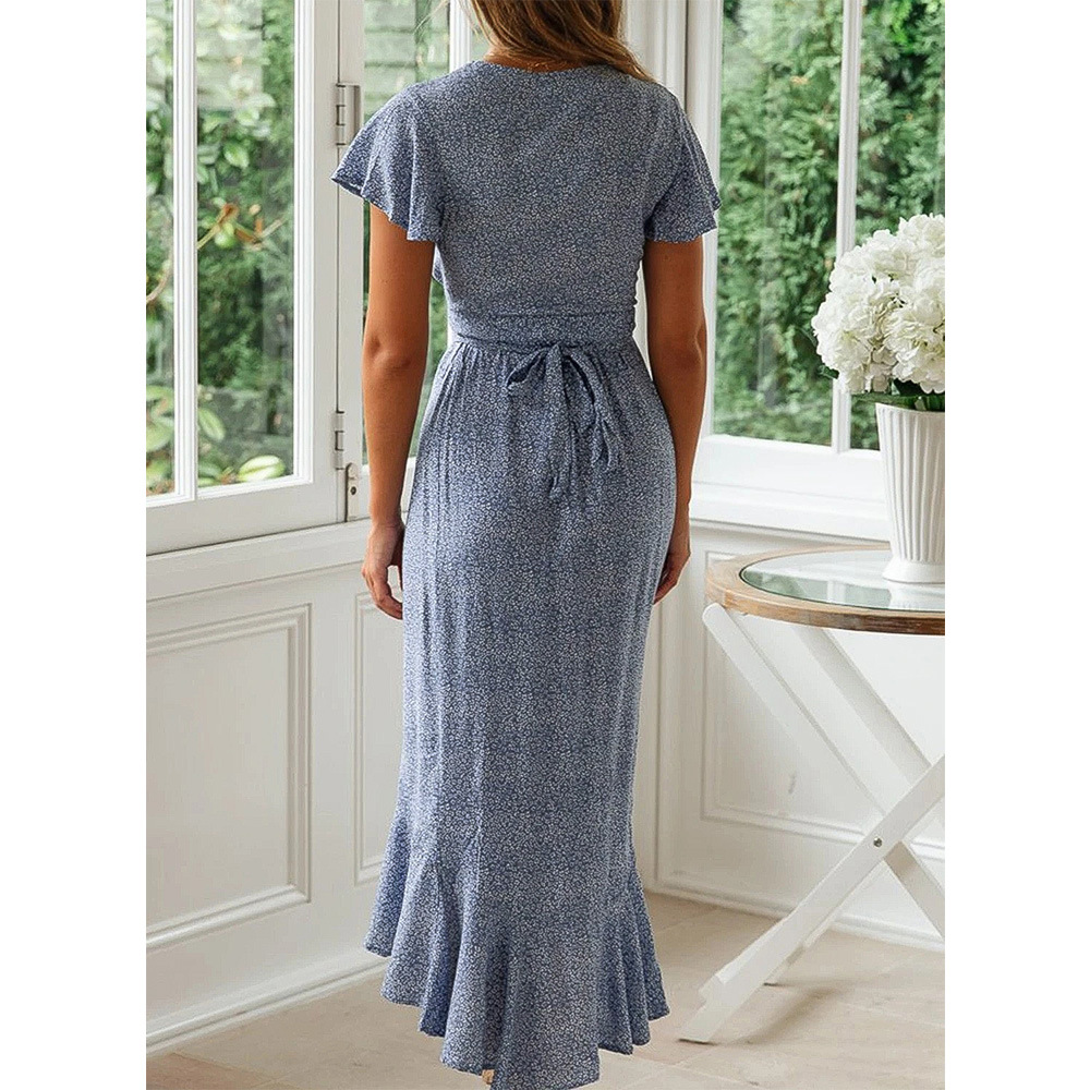 2021 Summer women's small floral high waist V-neck Ruffle Short Sleeve Dress