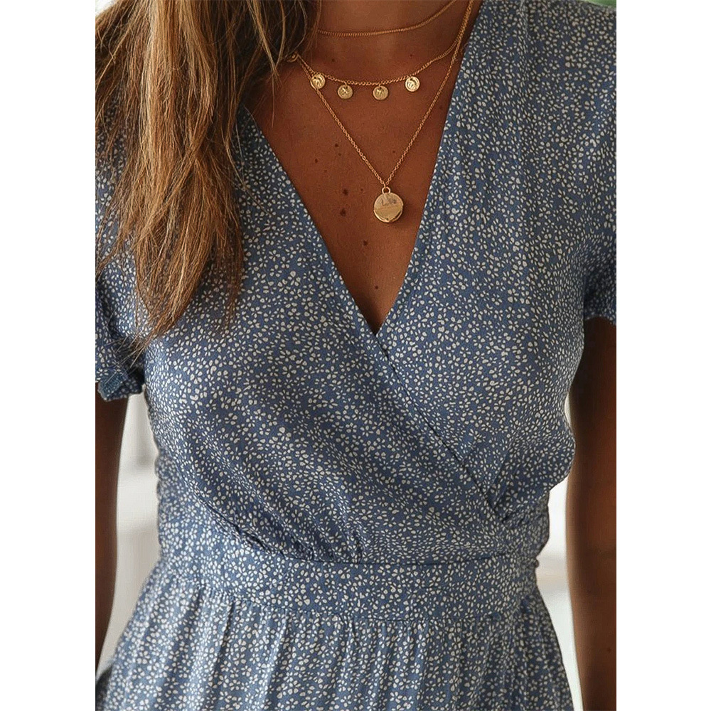 2021 Summer women's small floral high waist V-neck Ruffle Short Sleeve Dress