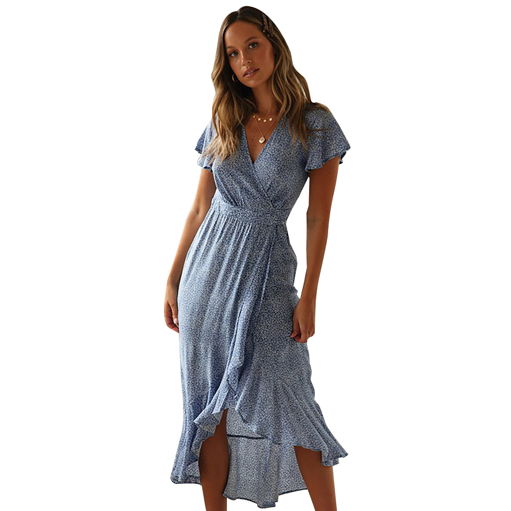 2021 Summer women's small floral high waist V-neck Ruffle Short Sleeve Dress