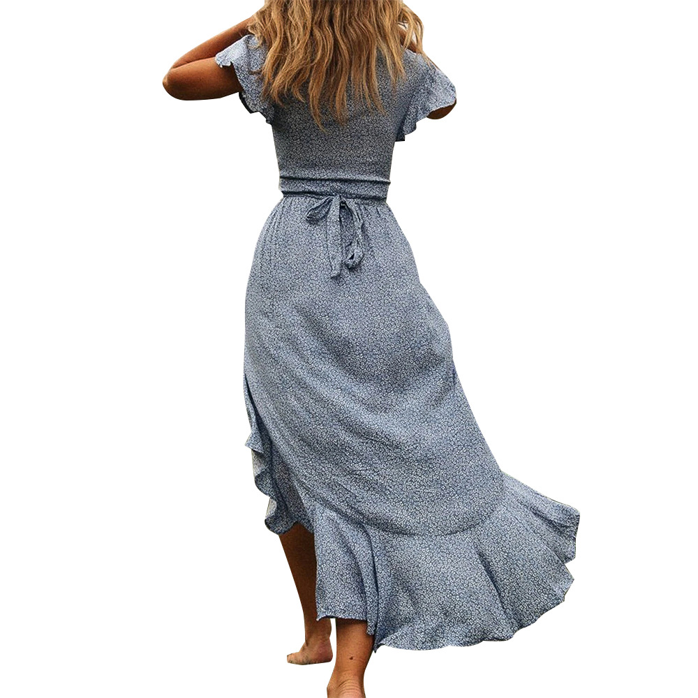 2021 Summer women's small floral high waist V-neck Ruffle Short Sleeve Dress