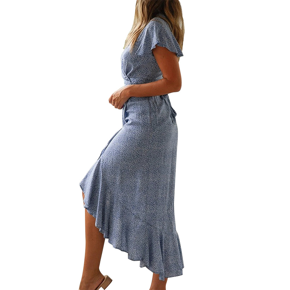 2021 Summer women's small floral high waist V-neck Ruffle Short Sleeve Dress