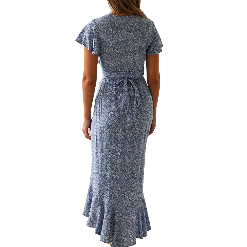 2021 Summer women's small floral high waist V-neck Ruffle Short Sleeve Dress