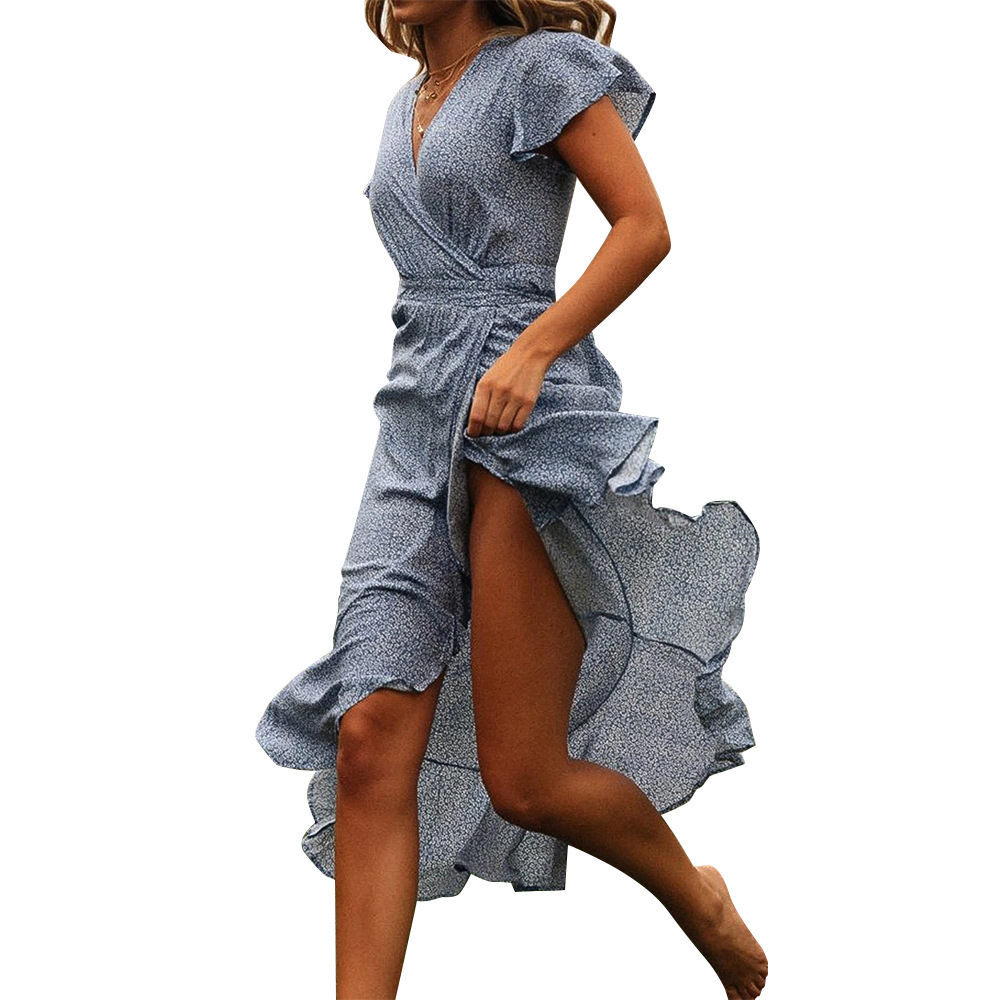 2021 Summer women's small floral high waist V-neck Ruffle Short Sleeve Dress