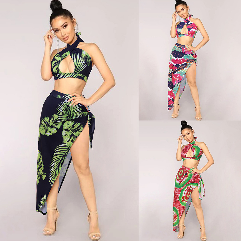 2021 summer bikini beach swimsuit beach holiday leaf print split skirt split swimsuit