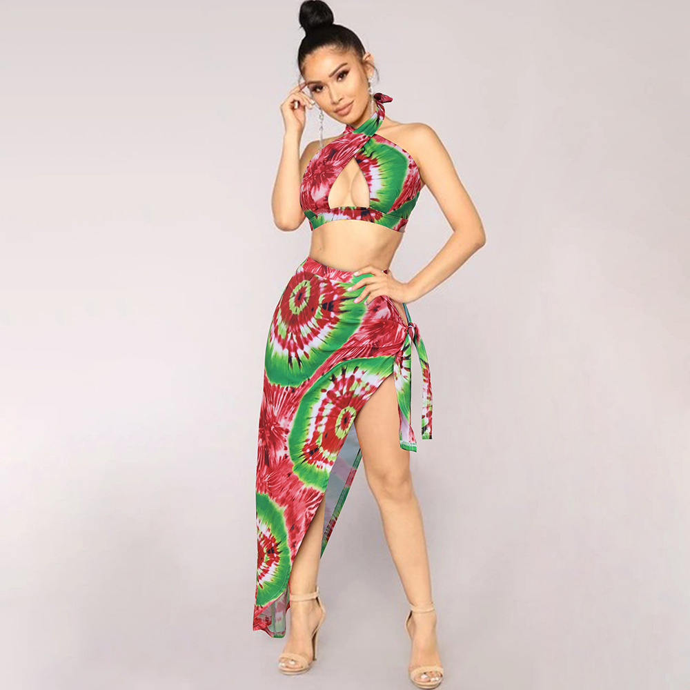 2021 summer bikini beach swimsuit beach holiday leaf print split skirt split swimsuit