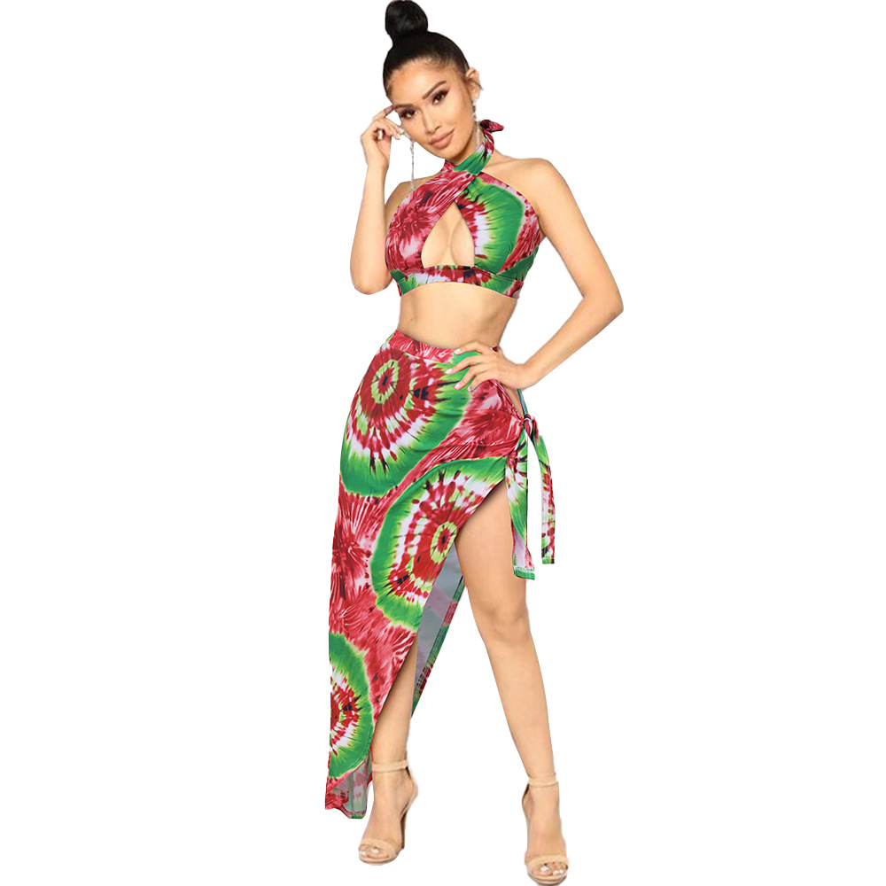 2021 summer bikini beach swimsuit beach holiday leaf print split skirt split swimsuit