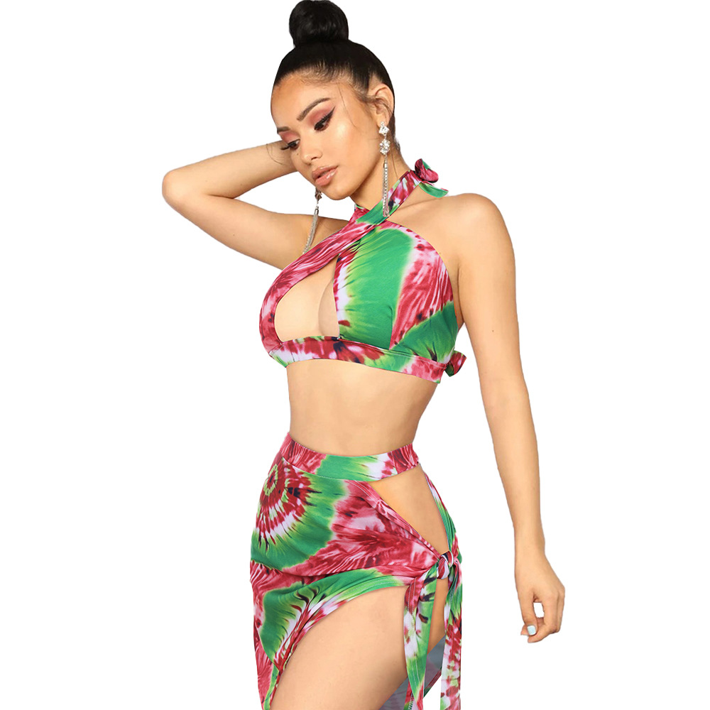 2021 summer bikini beach swimsuit beach holiday leaf print split skirt split swimsuit