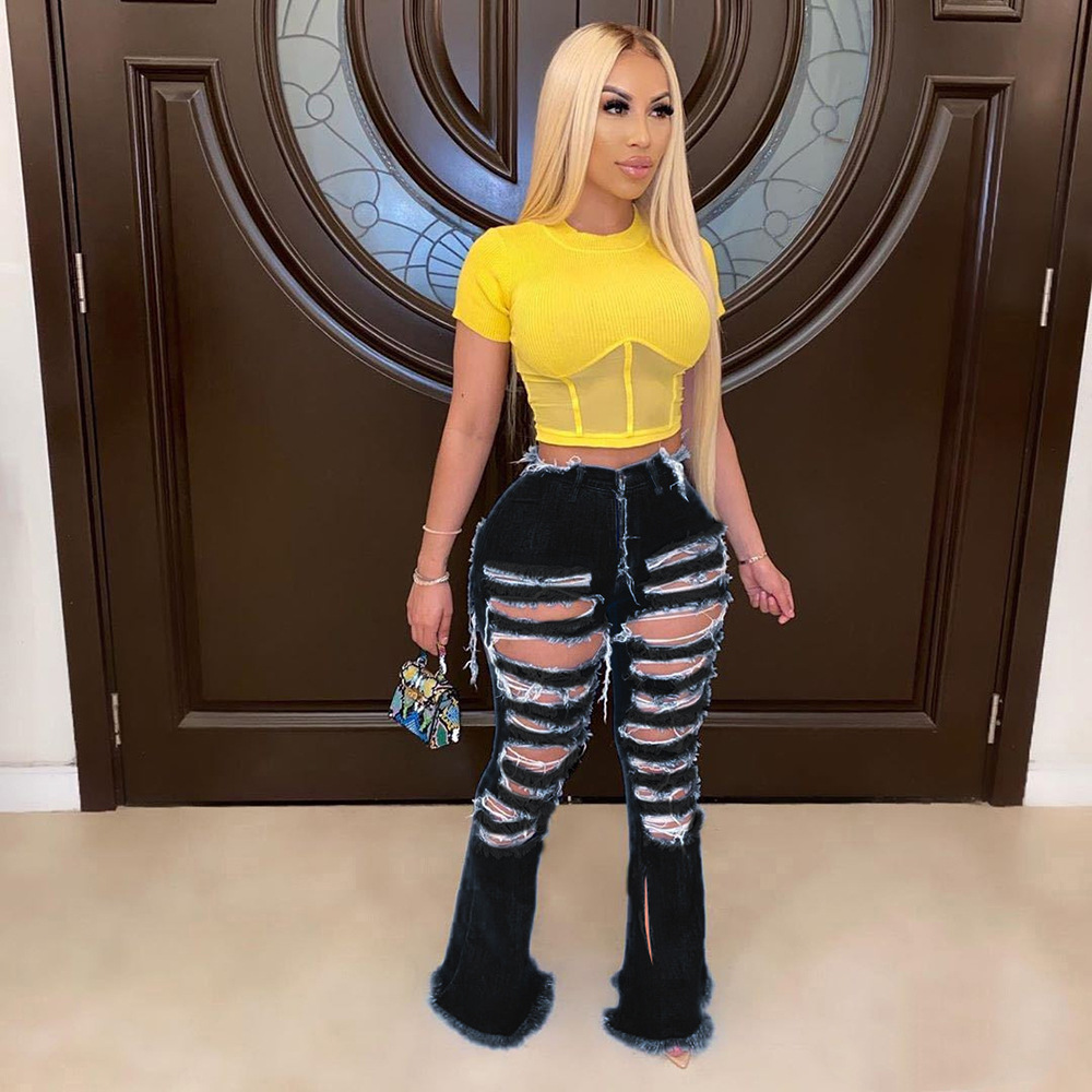 2021 High waist pierced jeans women's fashion flared pants