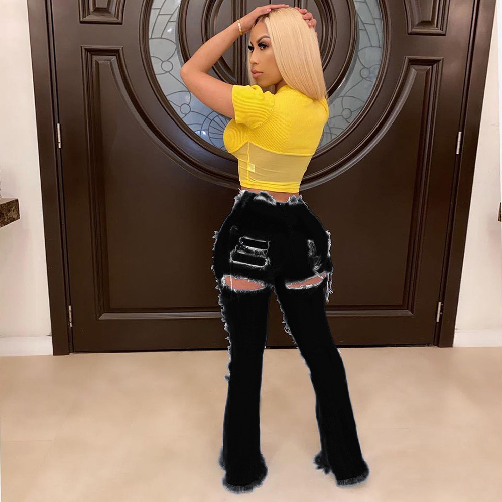 2021 High waist pierced jeans women's fashion flared pants