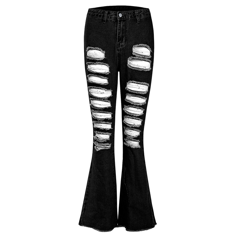 2021 High waist pierced jeans women's fashion flared pants