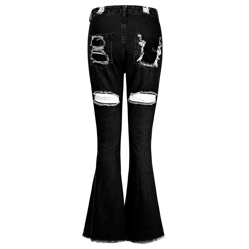 2021 High waist pierced jeans women's fashion flared pants