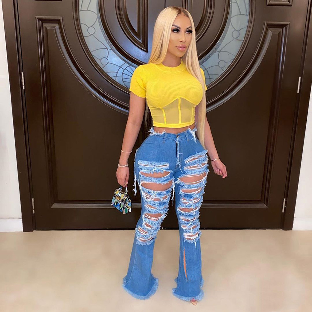 2021 High waist pierced jeans women's fashion flared pants