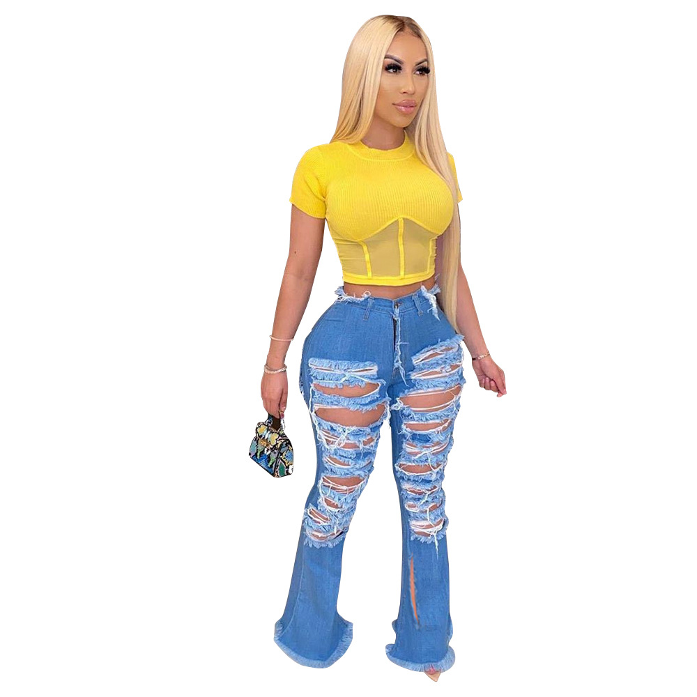 2021 High waist pierced jeans women's fashion flared pants