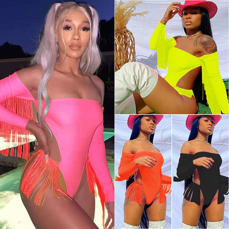 Women's solid sexy one neck swimsuit tassel long sleeve beach one piece