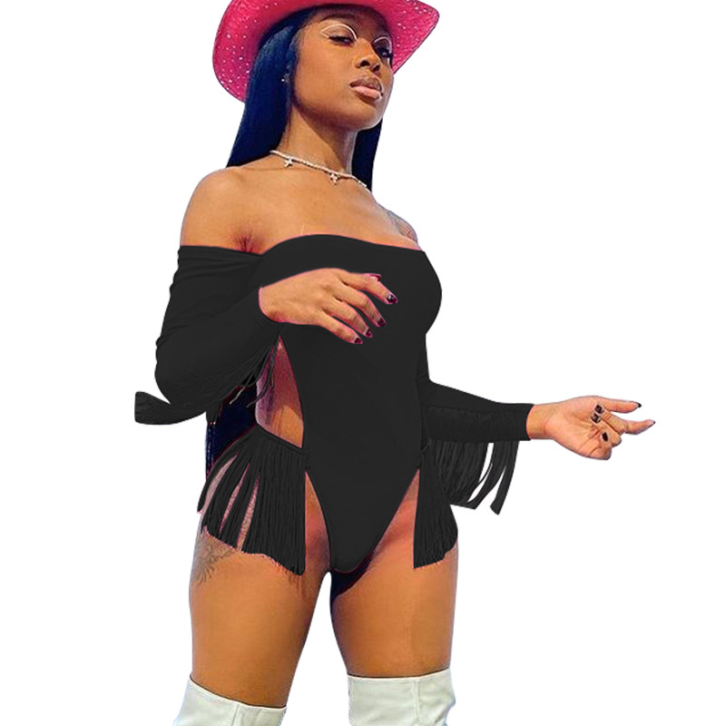 Women's solid sexy one neck swimsuit tassel long sleeve beach one piece