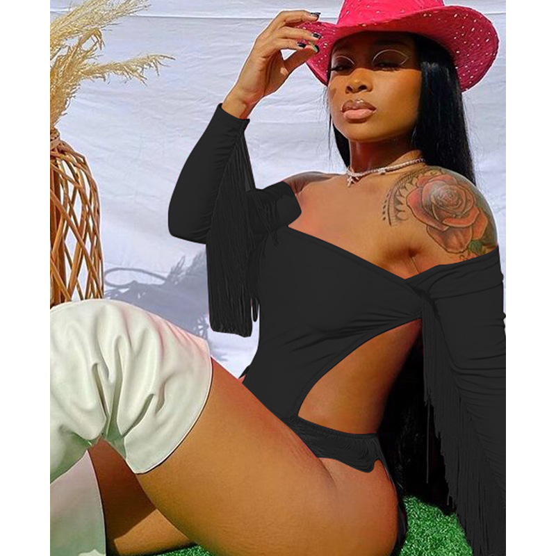Women's solid sexy one neck swimsuit tassel long sleeve beach one piece