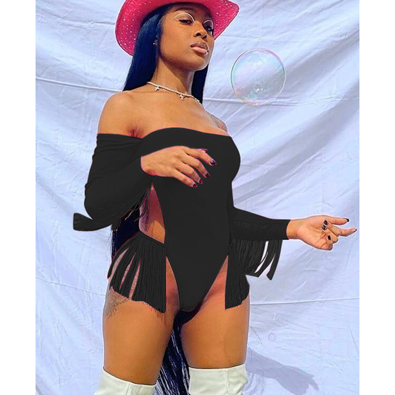 Women's solid sexy one neck swimsuit tassel long sleeve beach one piece