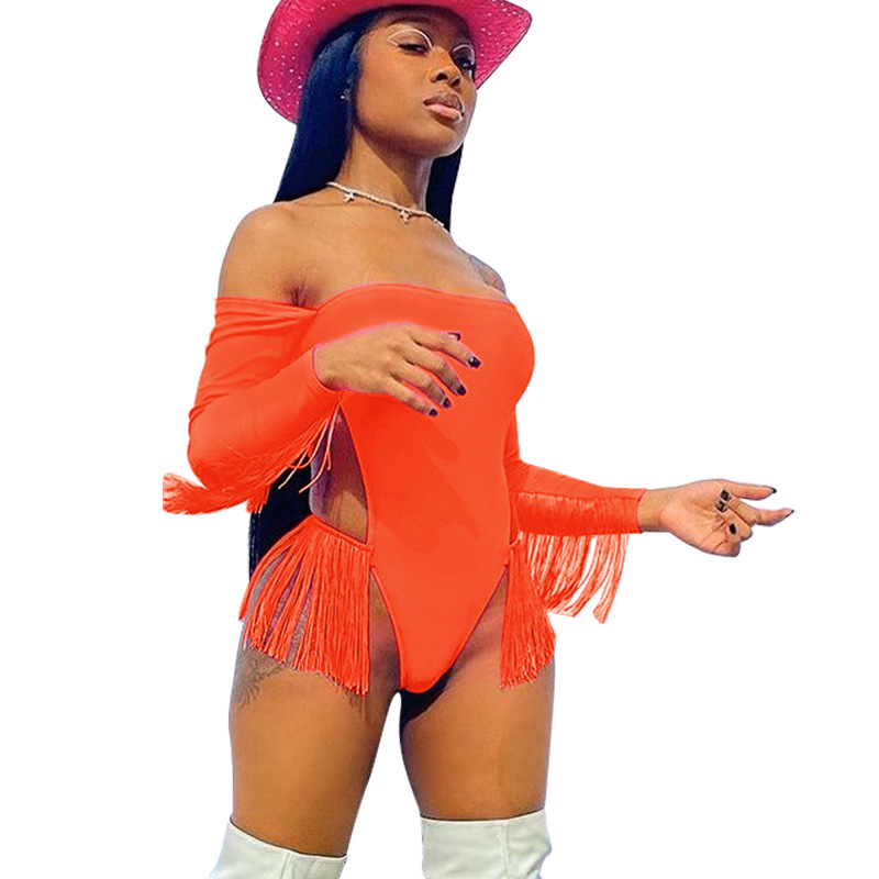 Women's solid sexy one neck swimsuit tassel long sleeve beach one piece