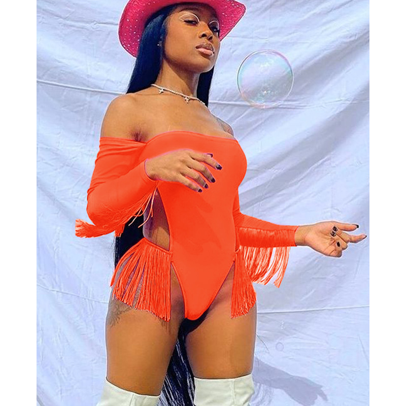 Women's solid sexy one neck swimsuit tassel long sleeve beach one piece