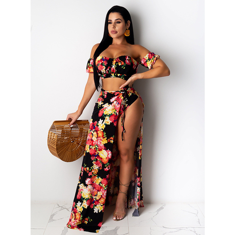 2021 summer women's two piece dress with split and wrapped chest printing