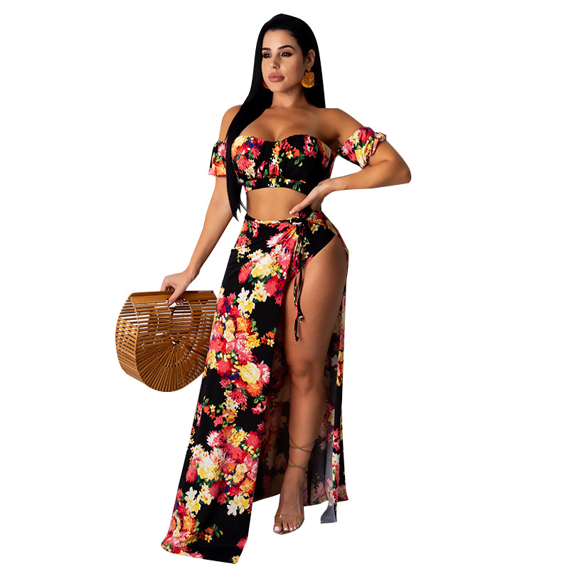 2021 summer women's two piece dress with split and wrapped chest printing