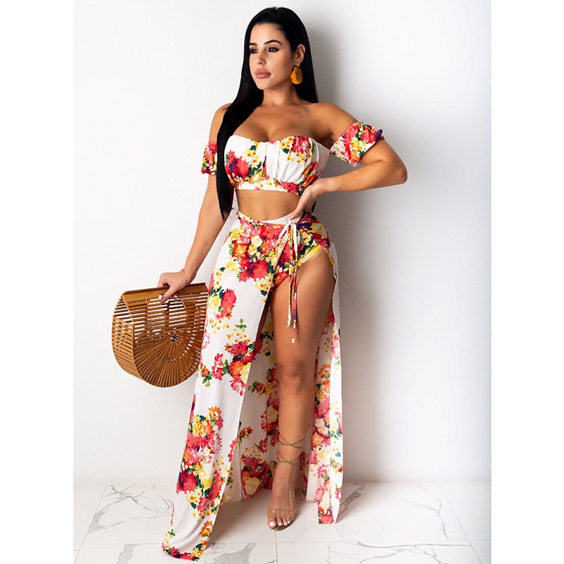 2021 summer women's two piece dress with split and wrapped chest printing