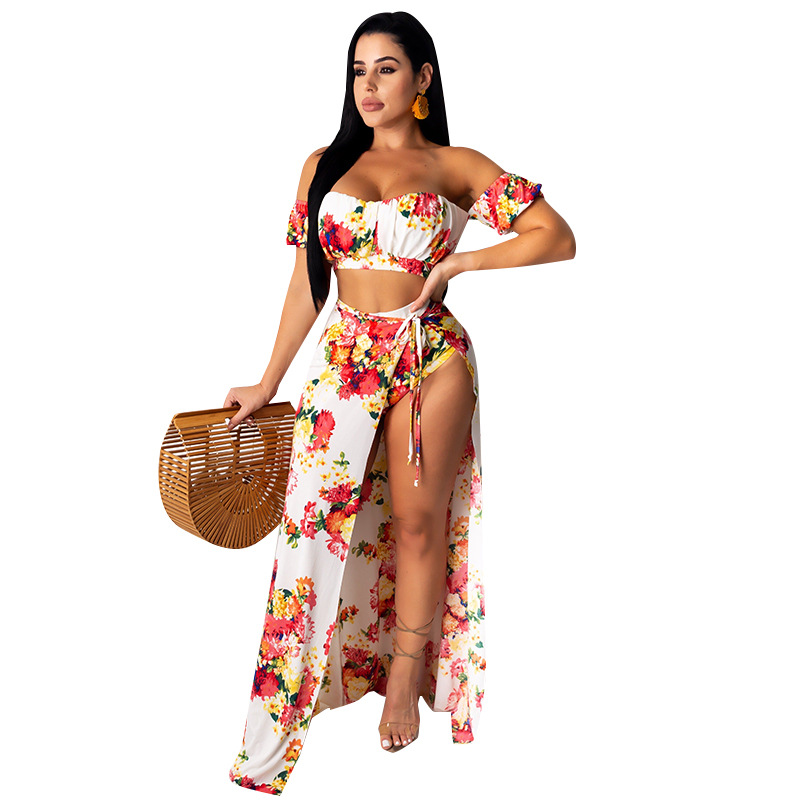 2021 summer women's two piece dress with split and wrapped chest printing