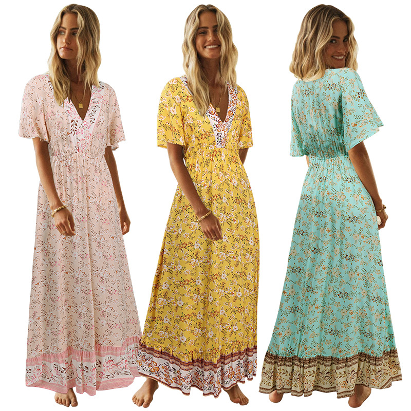 2021 European and American women's short sleeve V-neck Bohemian Floral Dress