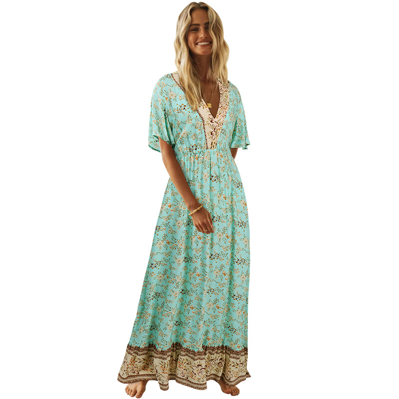 2021 European and American women's short sleeve V-neck Bohemian Floral Dress