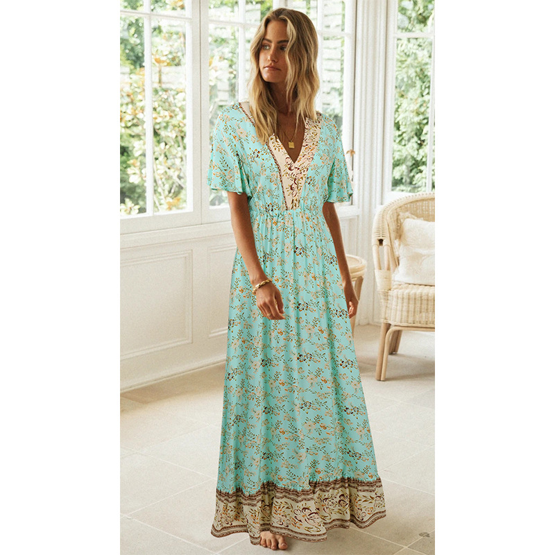 2021 European and American women's short sleeve V-neck Bohemian Floral Dress