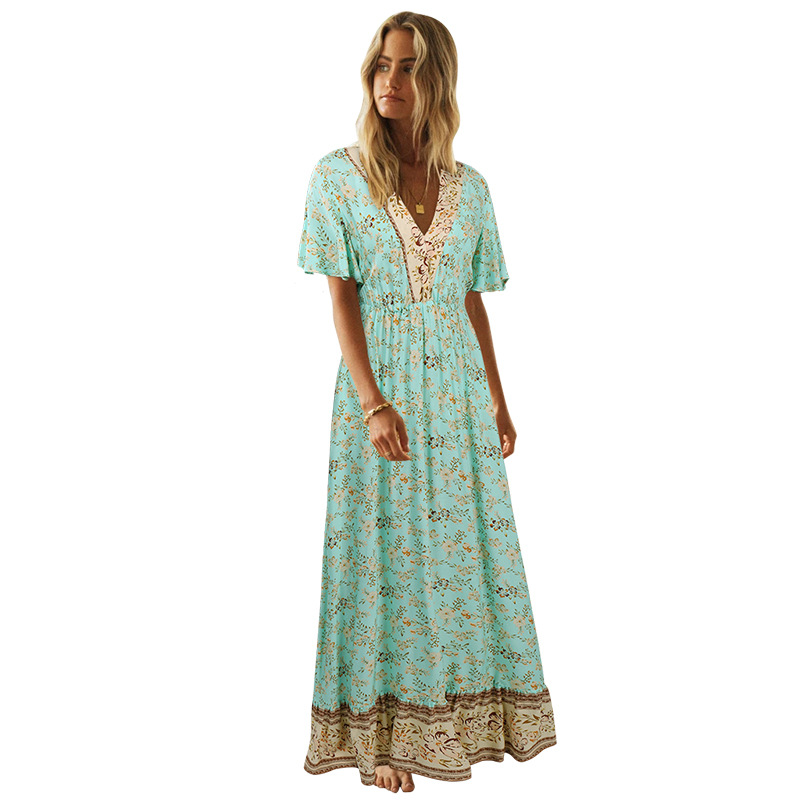 2021 European and American women's short sleeve V-neck Bohemian Floral Dress