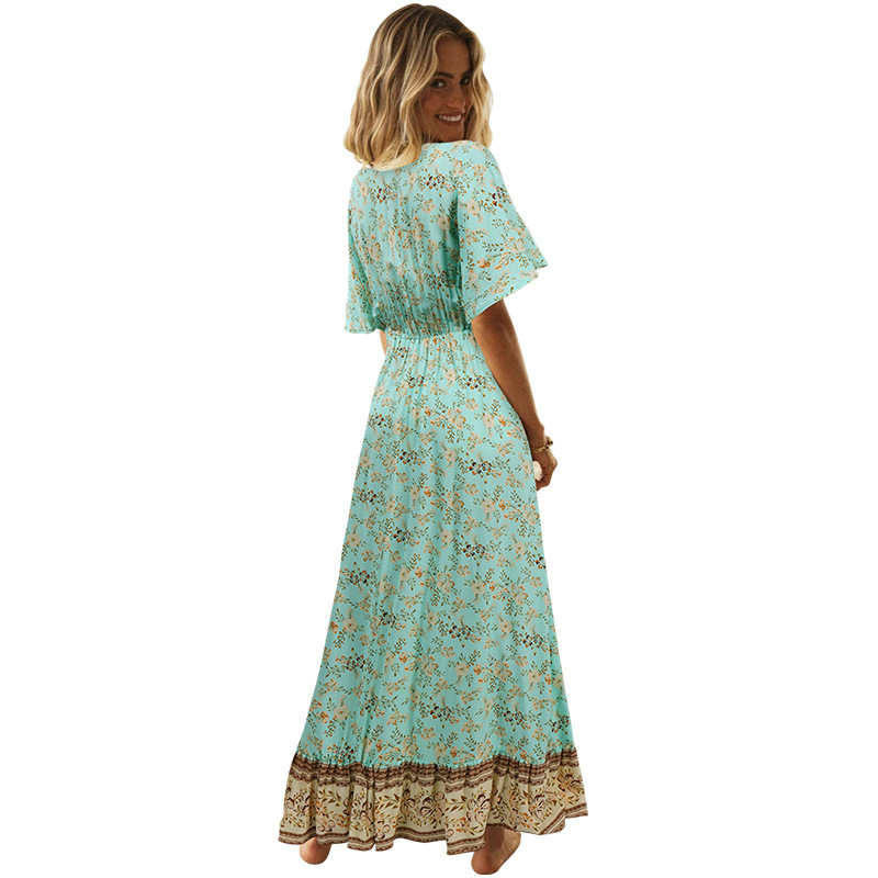 2021 European and American women's short sleeve V-neck Bohemian Floral Dress