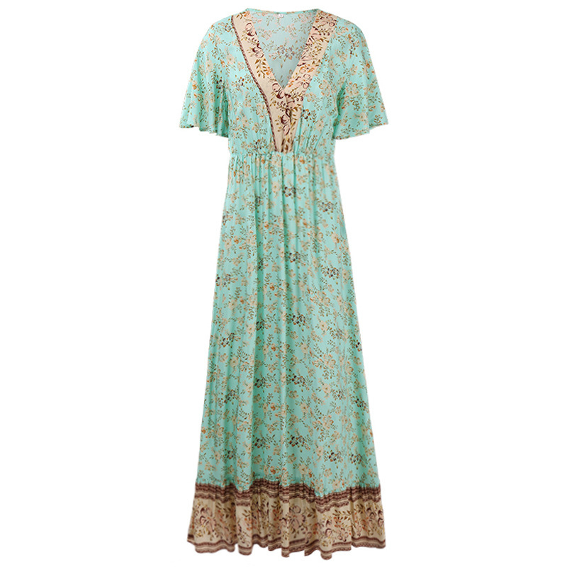 2021 European and American women's short sleeve V-neck Bohemian Floral Dress