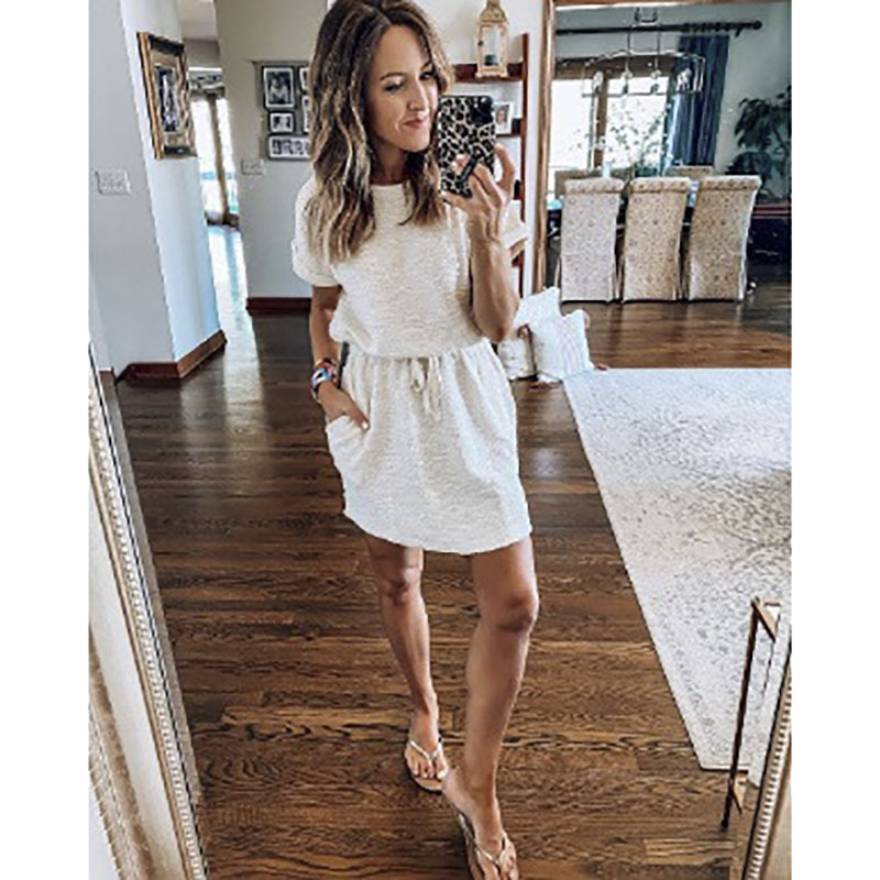 2021 Summer new women's fashion casual solid round neck short sleeve dress