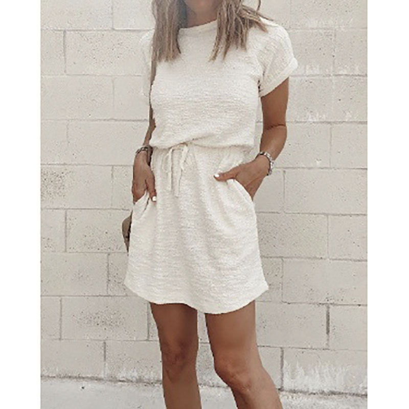 2021 Summer new women's fashion casual solid round neck short sleeve dress