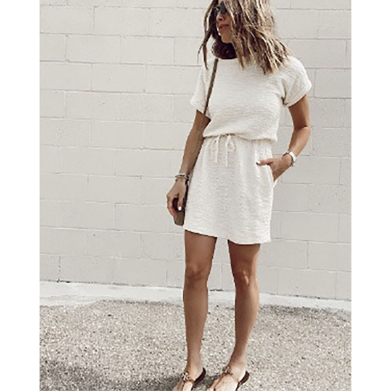 2021 Summer new women's fashion casual solid round neck short sleeve dress