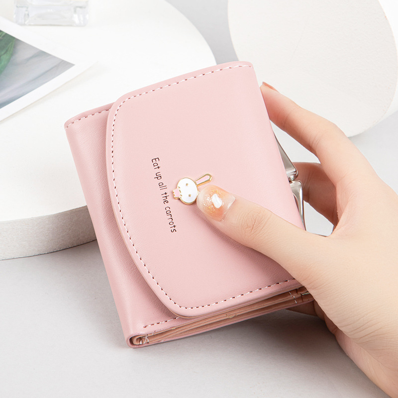 Wallet women's short 2021 new cute rabbit lock zero wallet PU skin three fold coin bag student