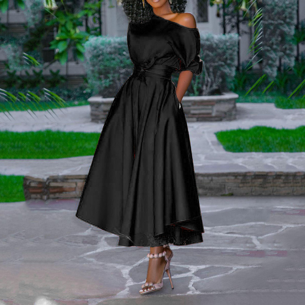 New women's clothing in spring and summer 2021 one shoulder lace up mid length dress