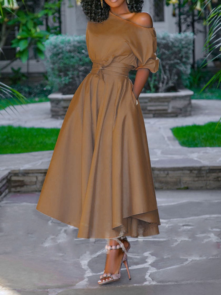 New women's clothing in spring and summer 2021 one shoulder lace up mid length dress