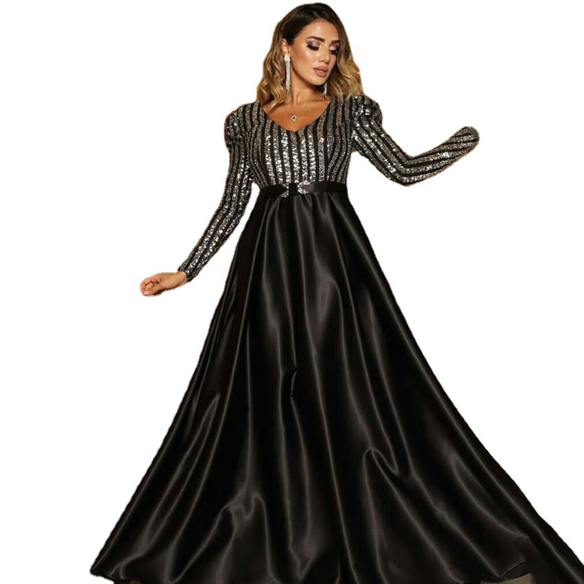 2021 New women&apos;s skirt deep V big swing sexy long dress new tailed banquet evening dress