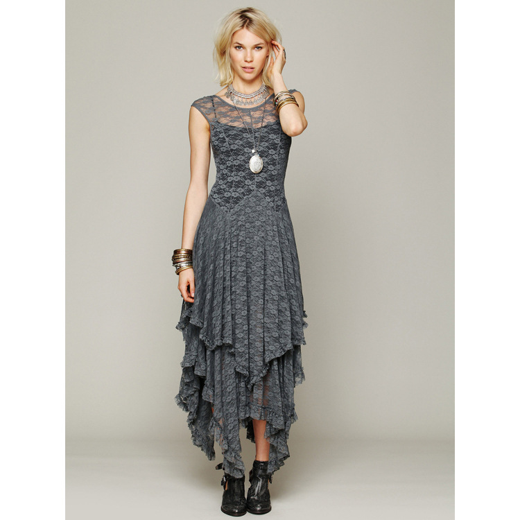 Europe station fashion women&apos;s fashion popular irregular high and low lace skirt sexy long dress