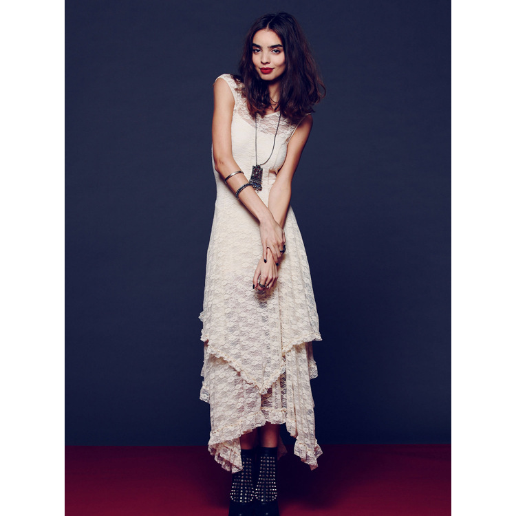 Europe station fashion women&apos;s fashion popular irregular high and low lace skirt sexy long dress