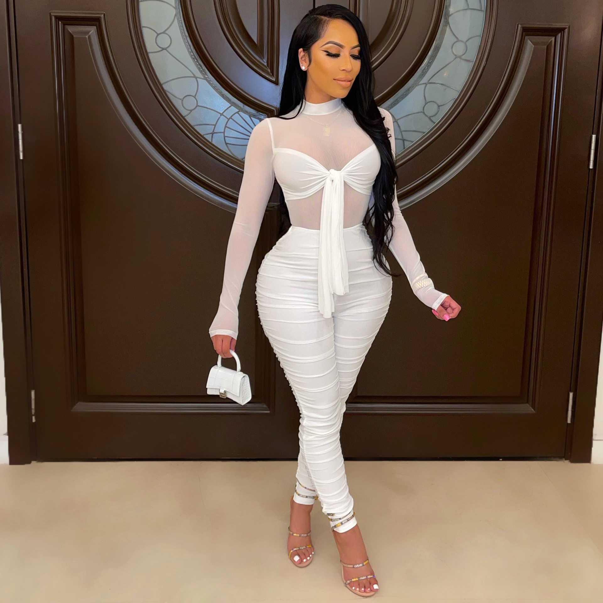 2021 New long sleeve tight bandage high stretch night club sexy mesh Jumpsuit