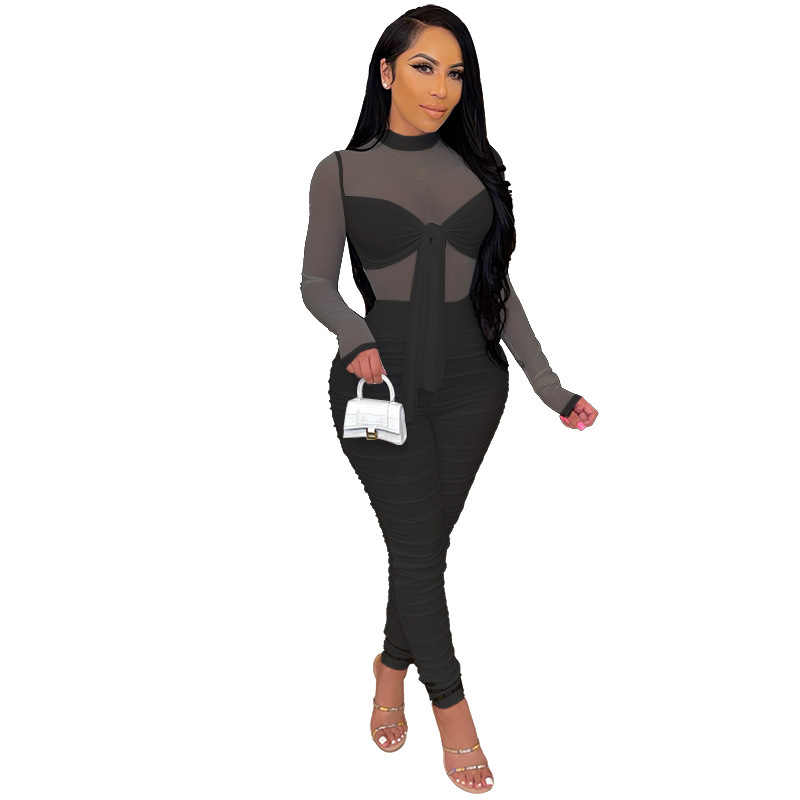 2021 New long sleeve tight bandage high stretch night club sexy mesh Jumpsuit